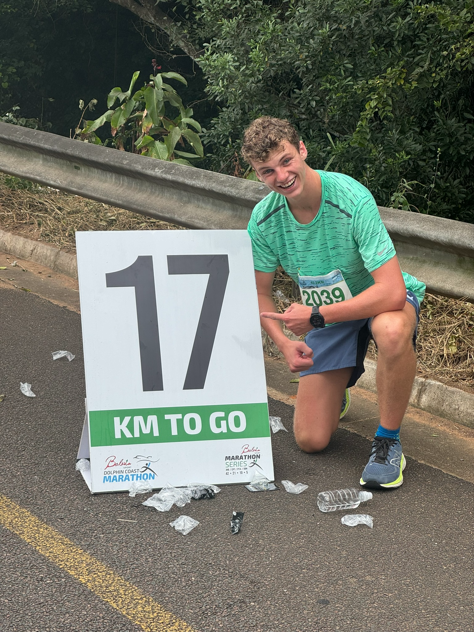 Daniel French at km 17 of the Dolphin Coast Marathon 2024, aged 17